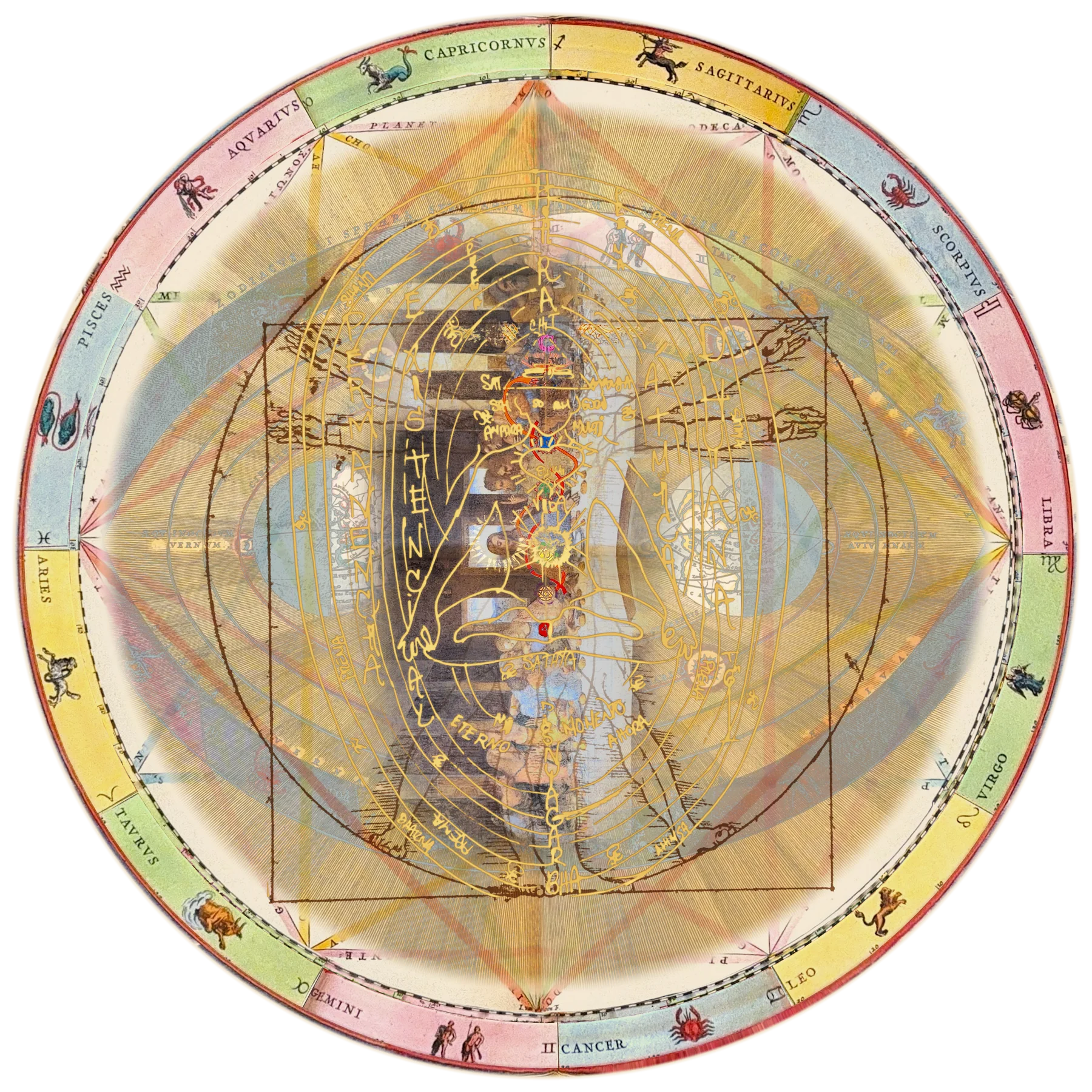 Opus Cosmos Light: a figure in meditation with glowing chakras, set over Leonardo’s Vitruvian Man and an engraved celestial map, inside a hand-colored wheel of the twelve zodiac signs.